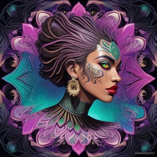 Intricate Woman with Peacock Hair in Abstract Fractal