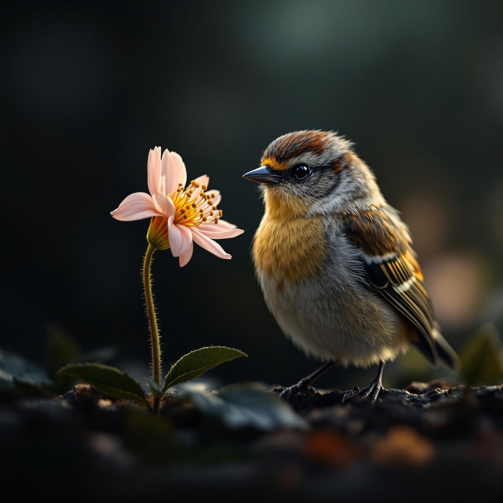 Photorealistic Bird and Flower in Dramatic Lighting