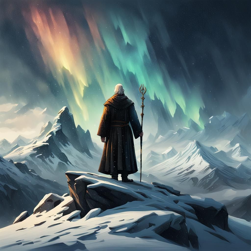 Pagan Priest on Snowy Peak Under Aurora