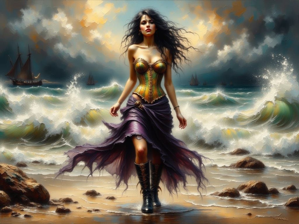 Impasto Grunge Oil Painting of a Young Woman in a Stormy Oce...