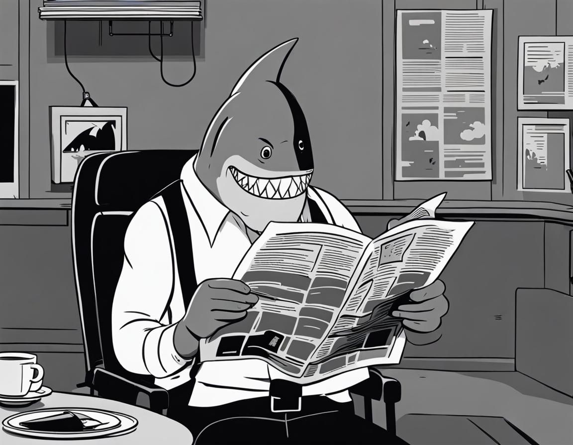 Shark-Human Hybrid Journalist in Noir Cartoon Style