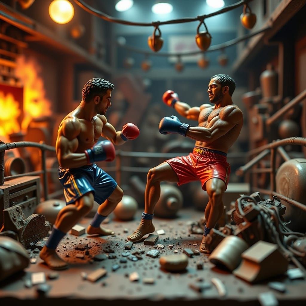 Intense Boxing Match Diorama in Junk Yard
