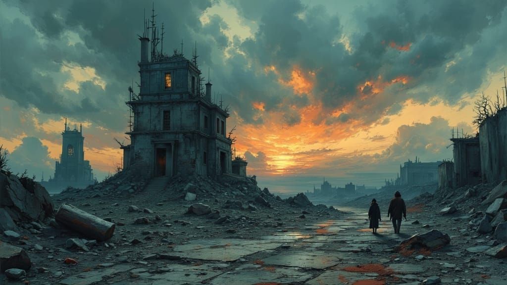 Post-Apocalyptic Dystopian Landscape in Dark Oil Paint Style