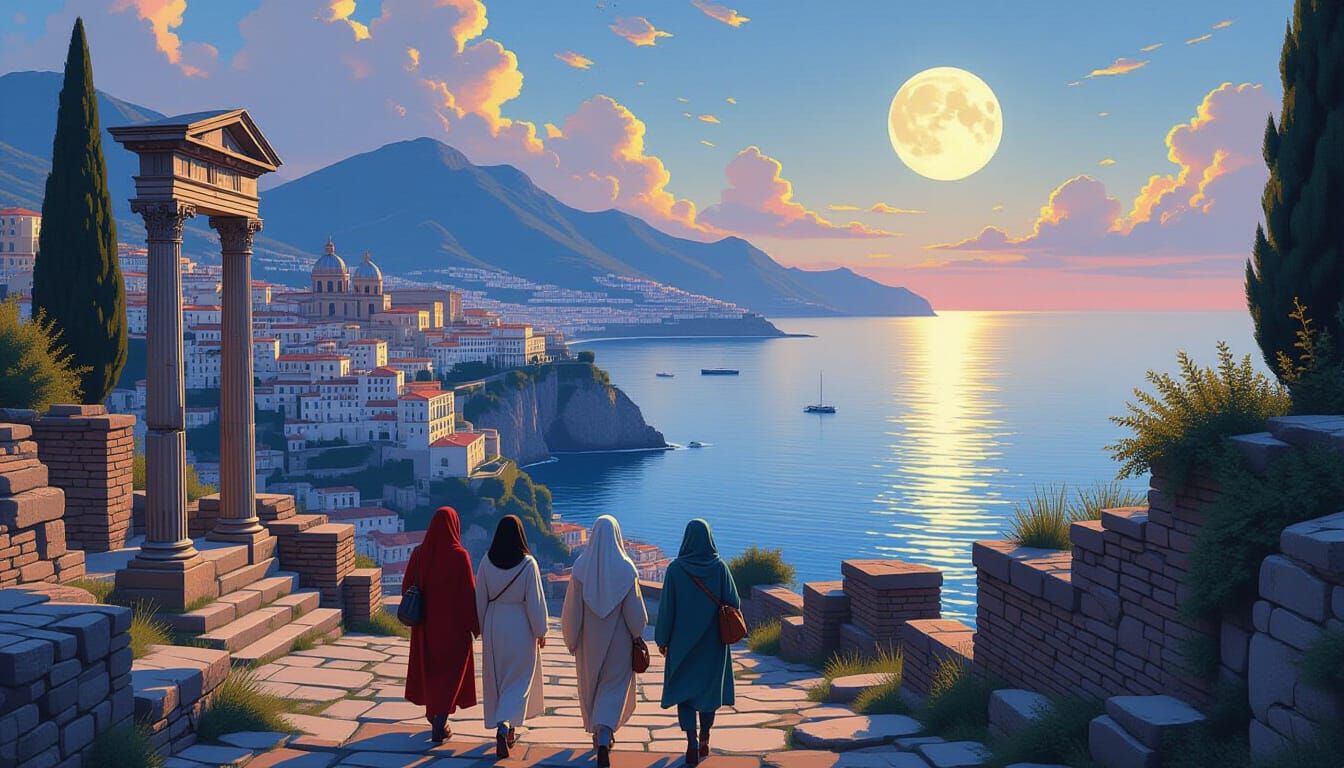 Roman Ruins Visited by Tourists: Realistic Painting