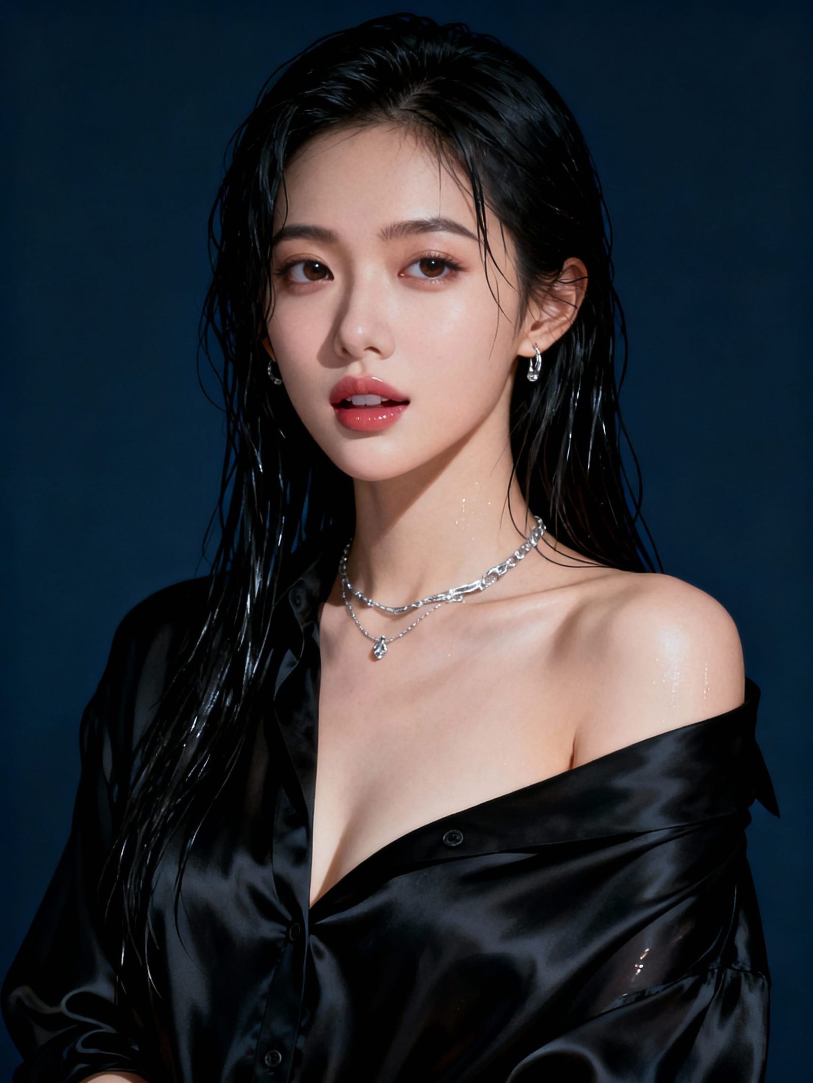 Elegant Woman in Draped Shirt with Silver Jewelry