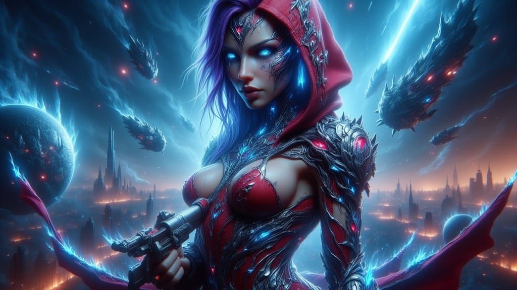 Steampunk Heroine with Laser Gun in Cyberpunk Cityscape