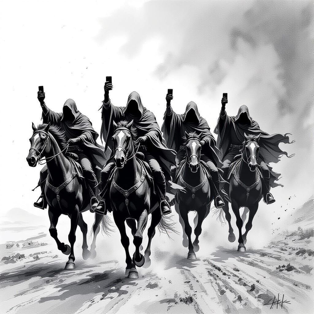 Apocalyptic Horsemen Ride On, in Charcoal Sketch Style