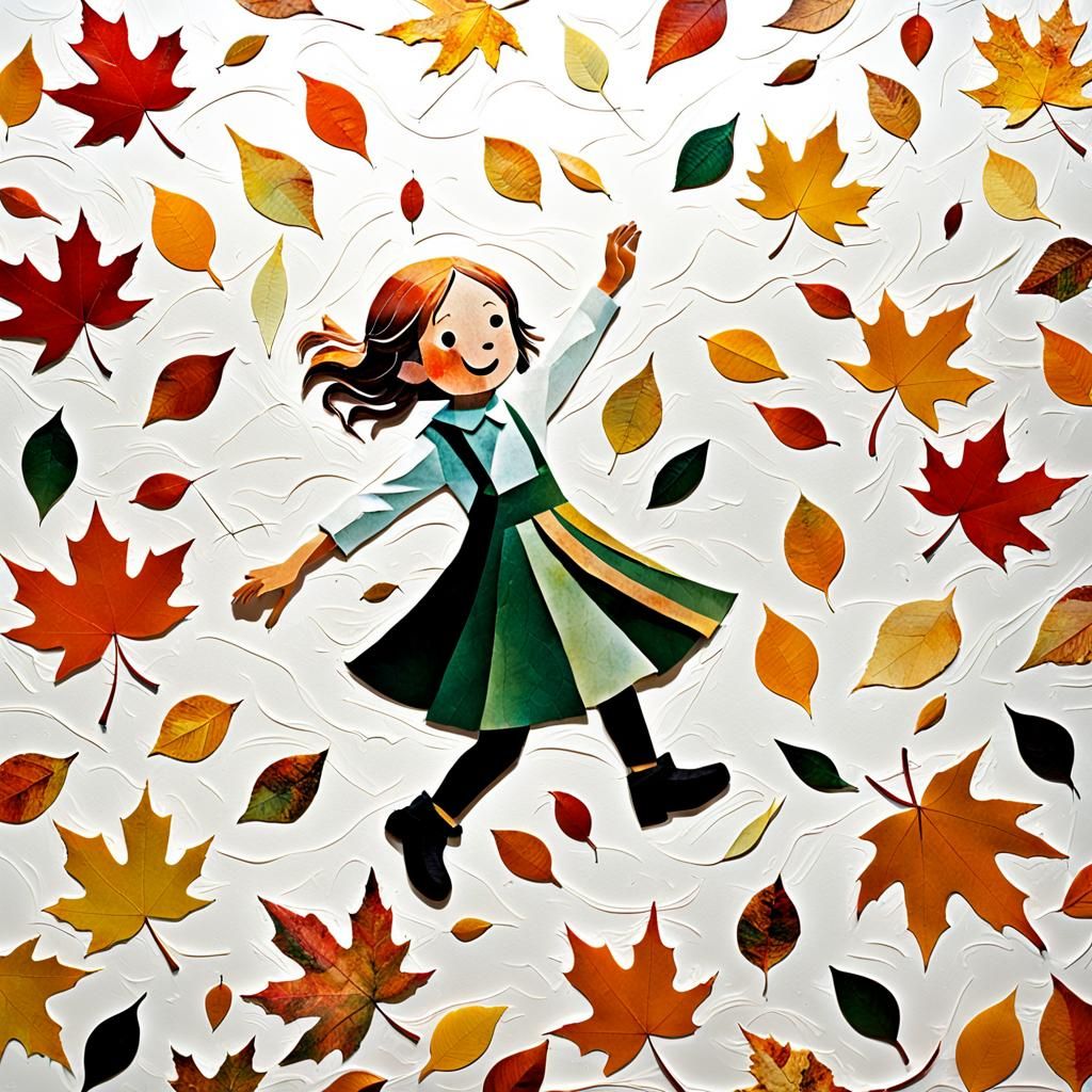 Girl Playing with Autumn Leaves in Glued Paper Art