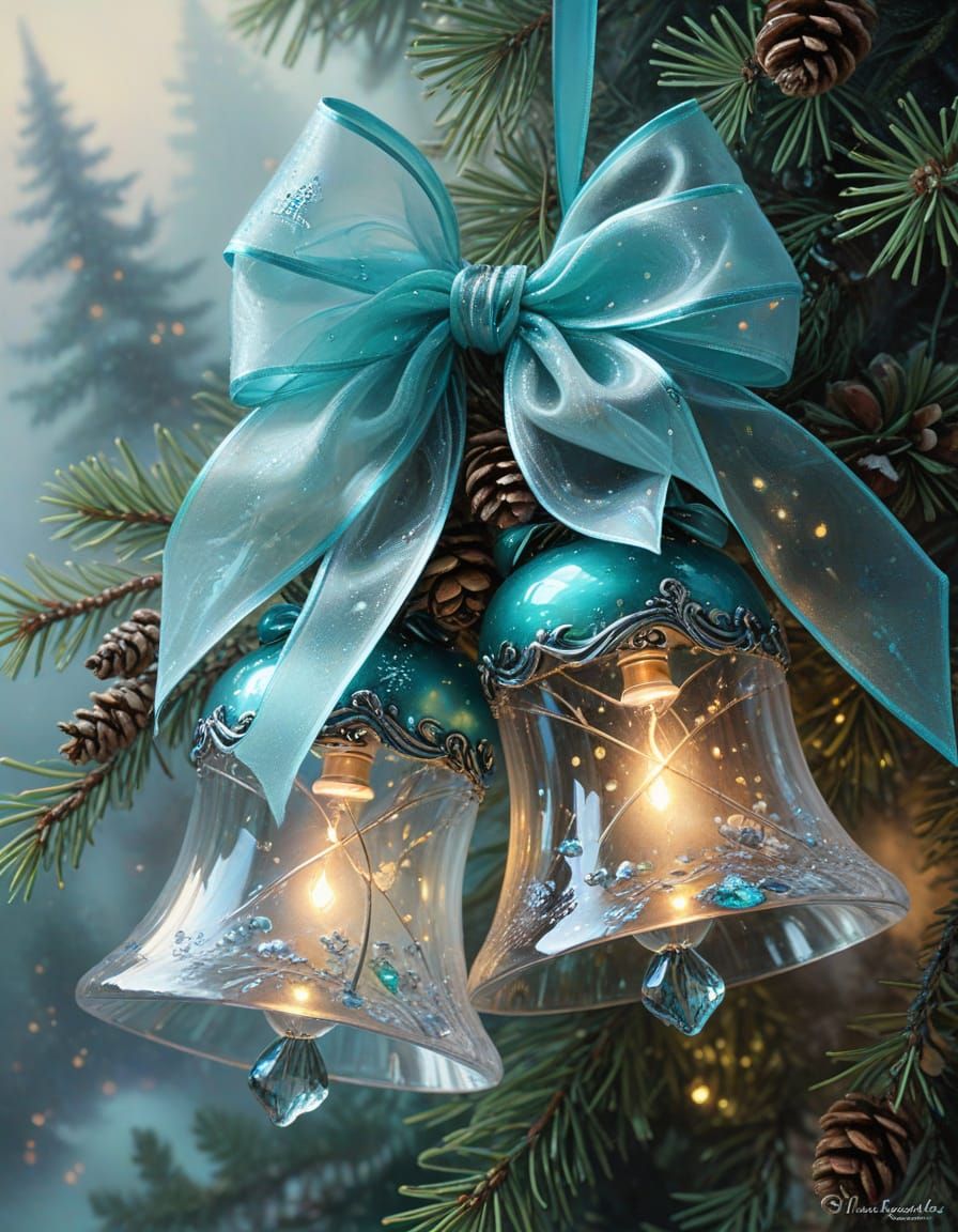 Crystal Bells with Aqua Bow, Fruit, and Pine Cones