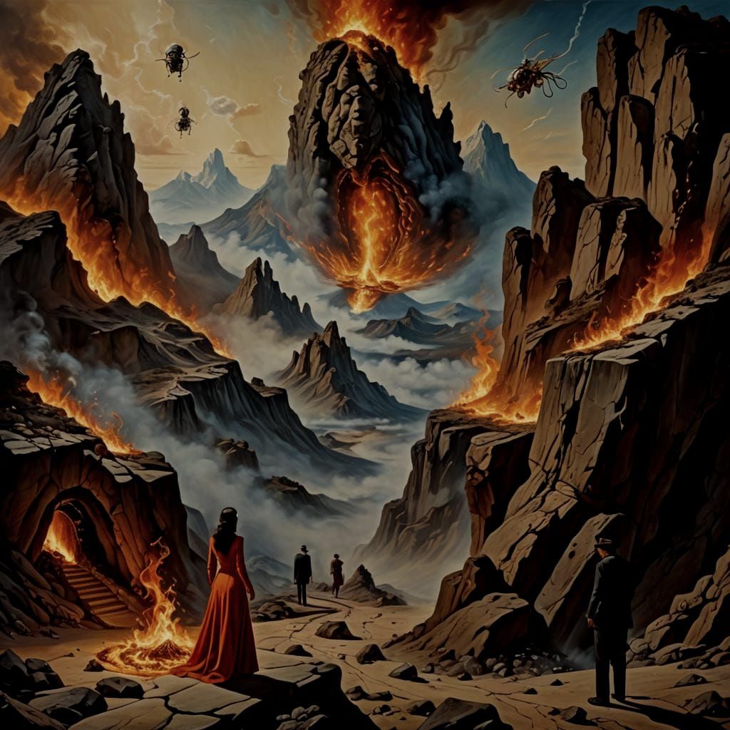 Surreal Woman Flies Over Fiery Mountain, Dali Style
