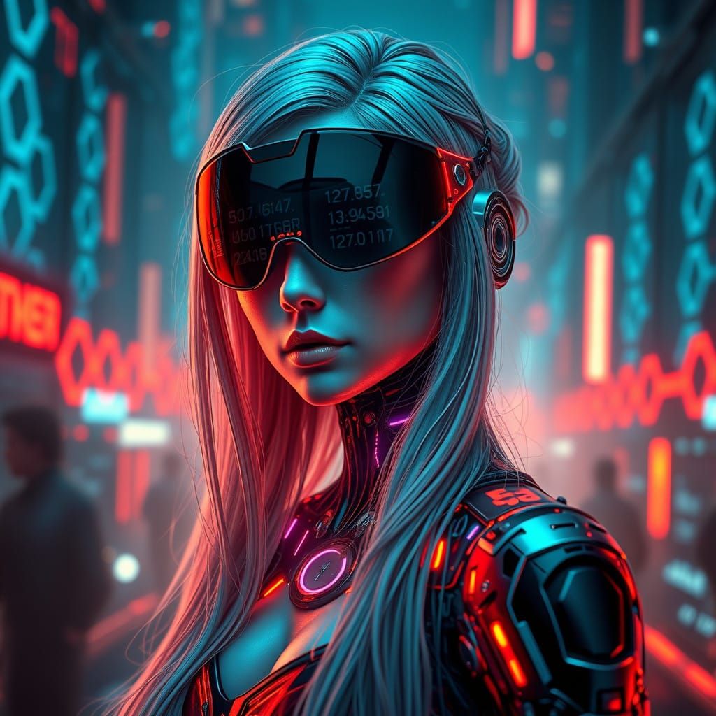 A beautiful, hyperdetailed cyborg girl in a surrealist futuristic city. Circuit traces and glowing Tron-like hexagonal p...