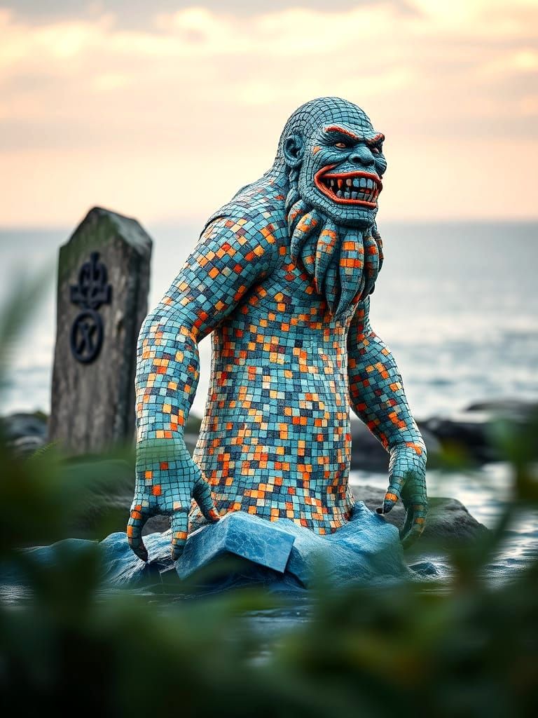 Glowing Nordic Mosaic Troll Rises from the Ocean
