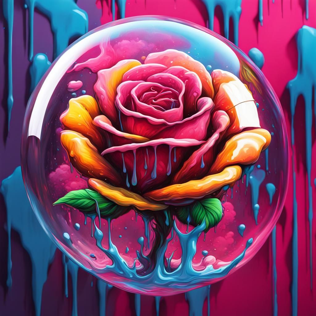 Melting Neon Rose in Bubble: Graffiti Art
