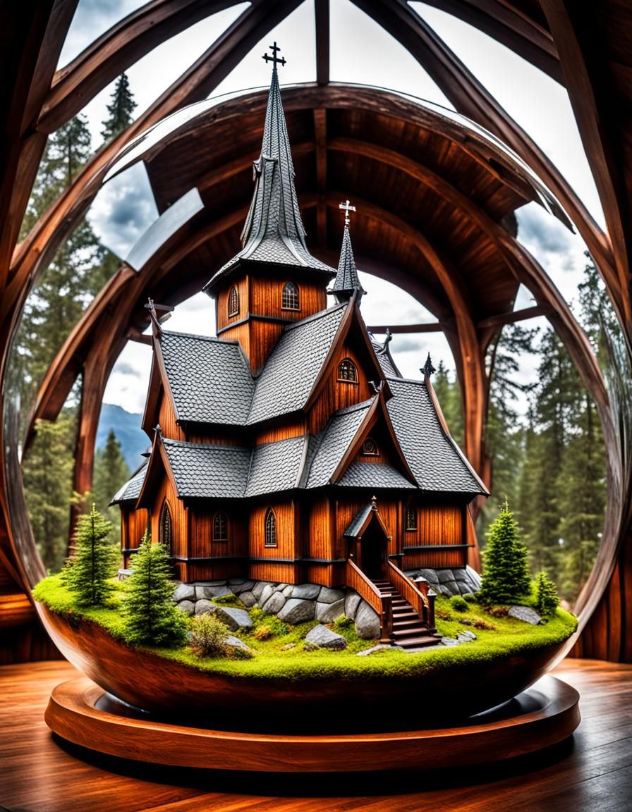 Hyperrealistic Norwegian Stave Church in Terrarium
