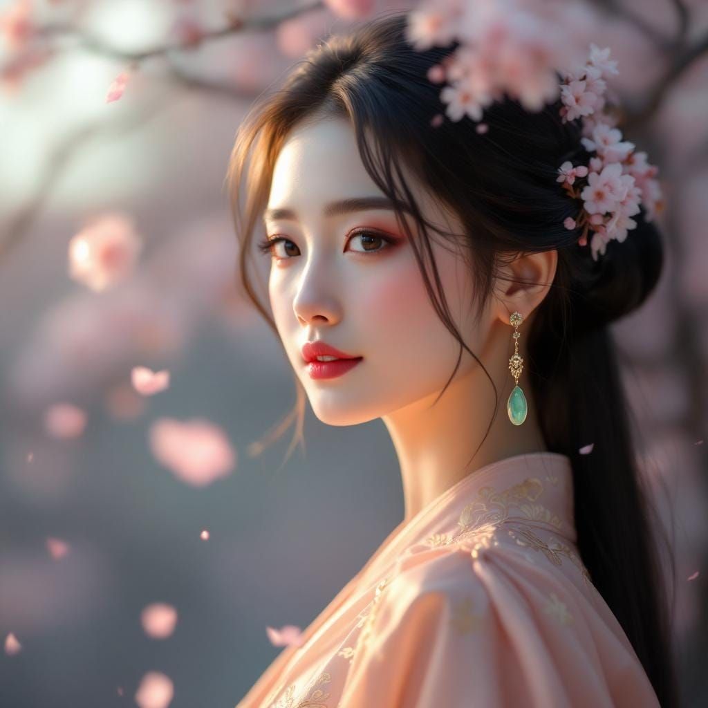 East Asian Beauty in Cherry Blossom Grove: Painterly Style
