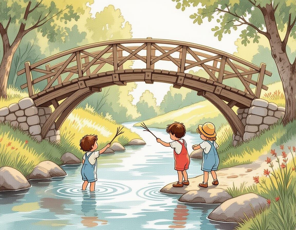 Children Play by Stream in Whimsical Style