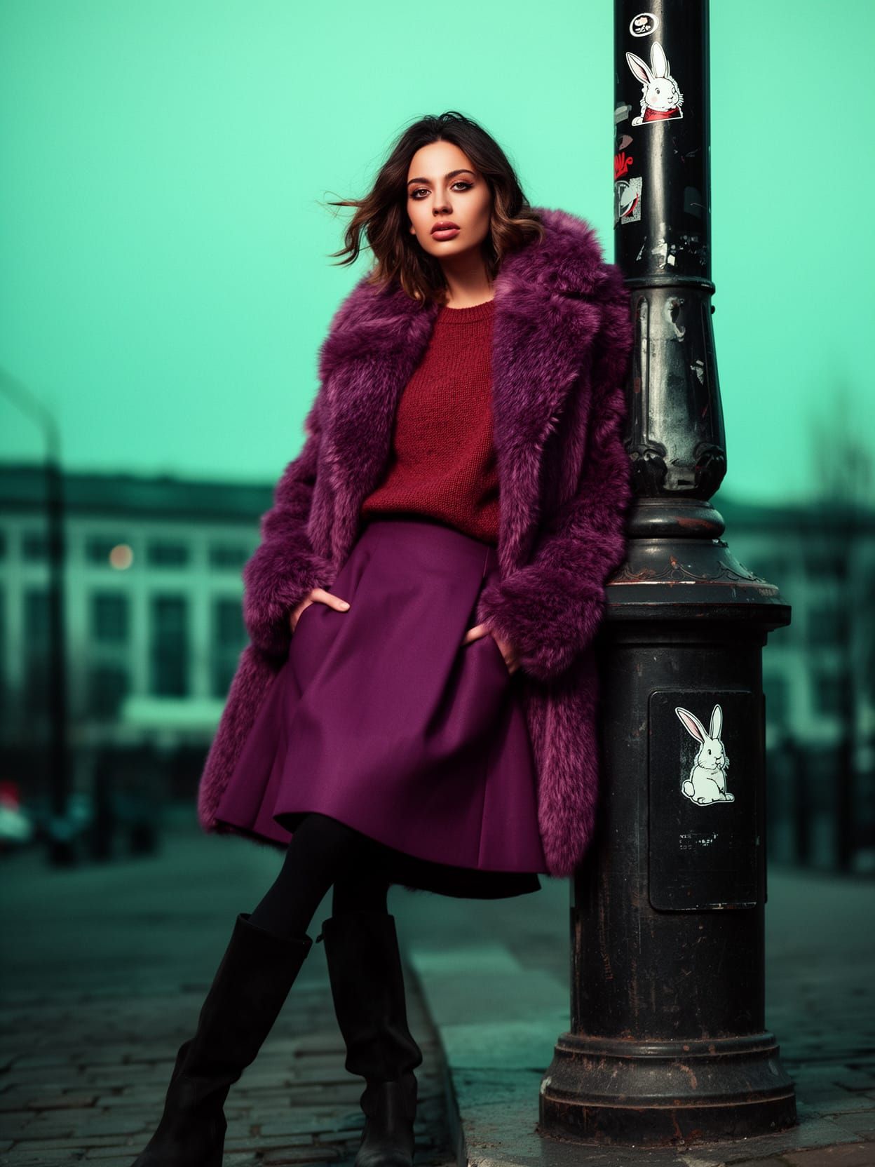 Glamorous Model in Plum Coat at Dusk