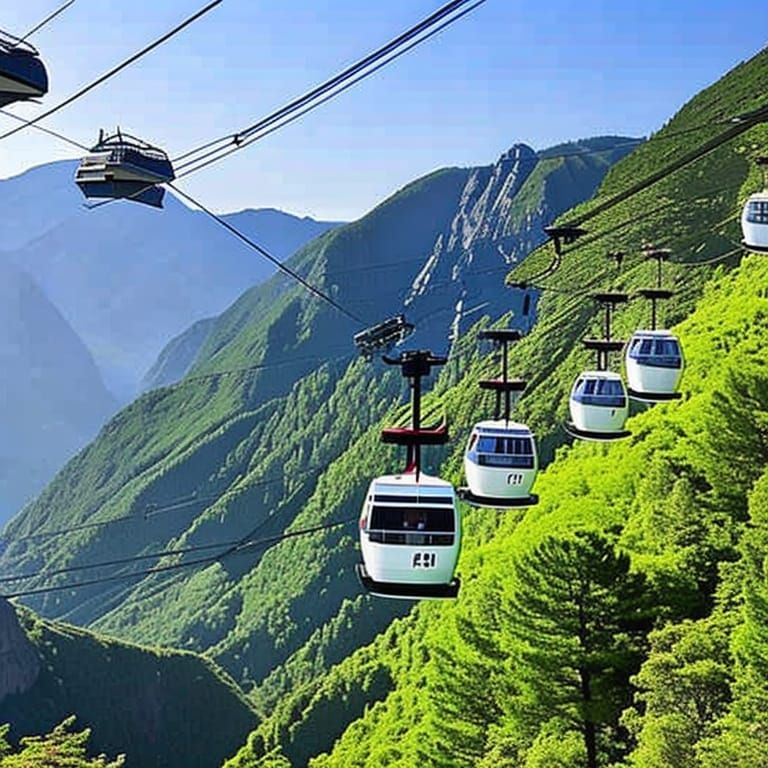 Anime Style Cable Cars Ascending Mountain