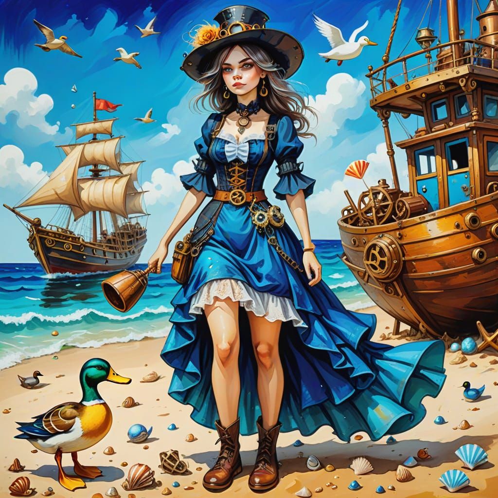 Steampunk Witch's Beach Vacation in Oil on Canvas