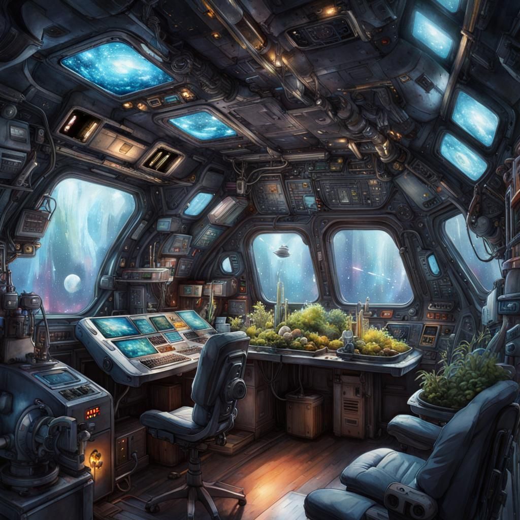 Hydroponic Farm Inside Spaceship: Watercolor Sci-Fi Art