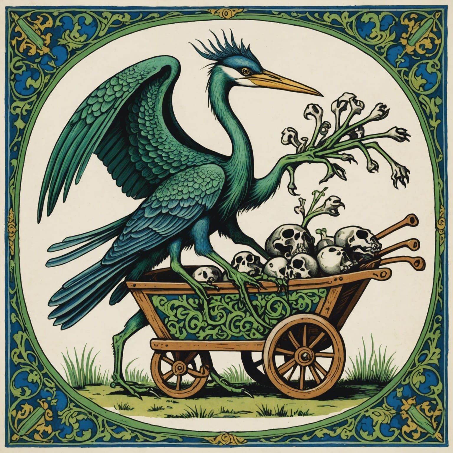 Medieval Bestiary Creature: Heron with Wheelbarrow