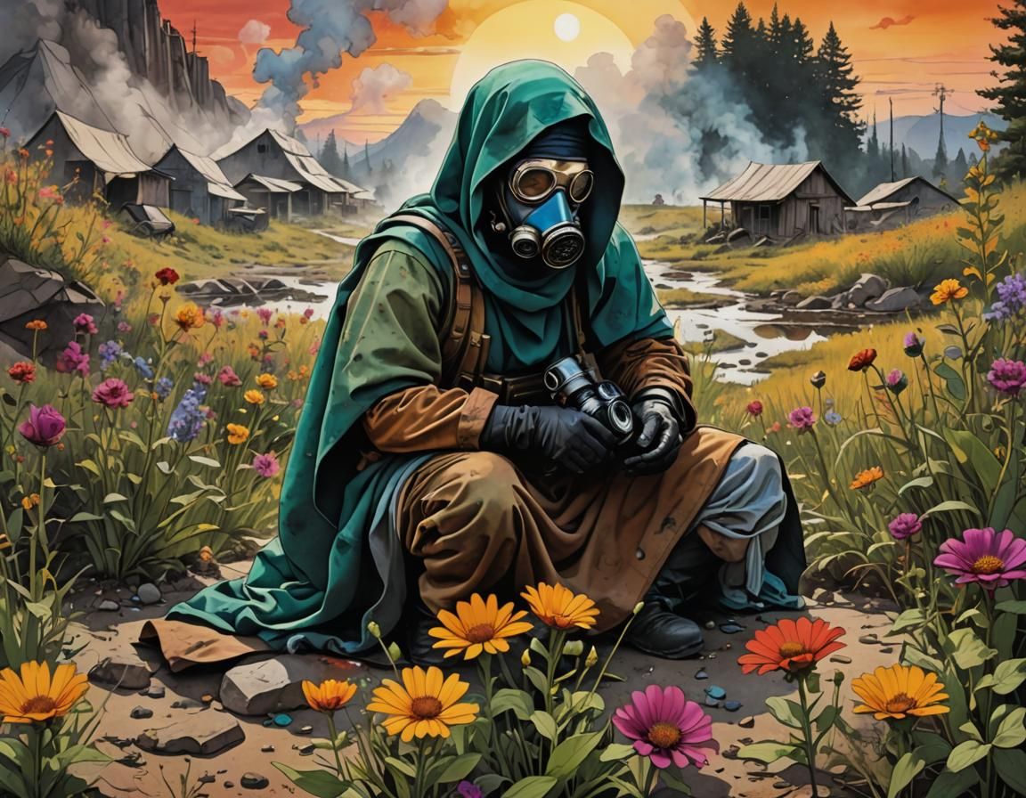 Survivalist Tending Flower in Apocalyptic Landscape, Alcohol...