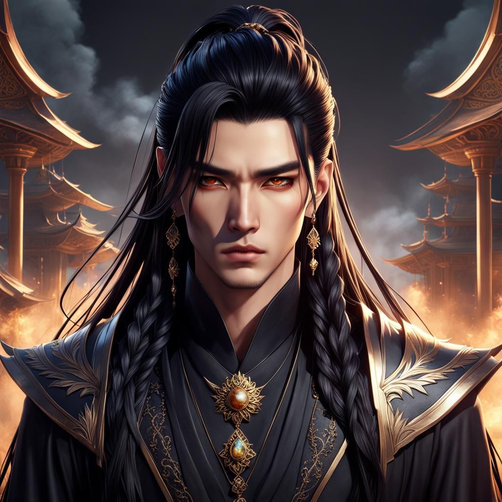 Goth Korean Man with Braided Hair, Fantasy Art