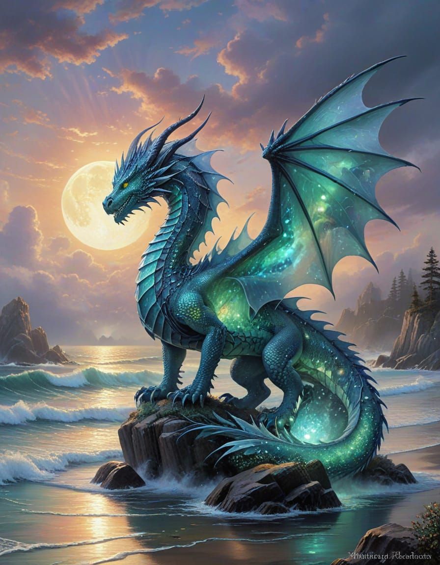 Sea Glass Dragon Under Full Moon