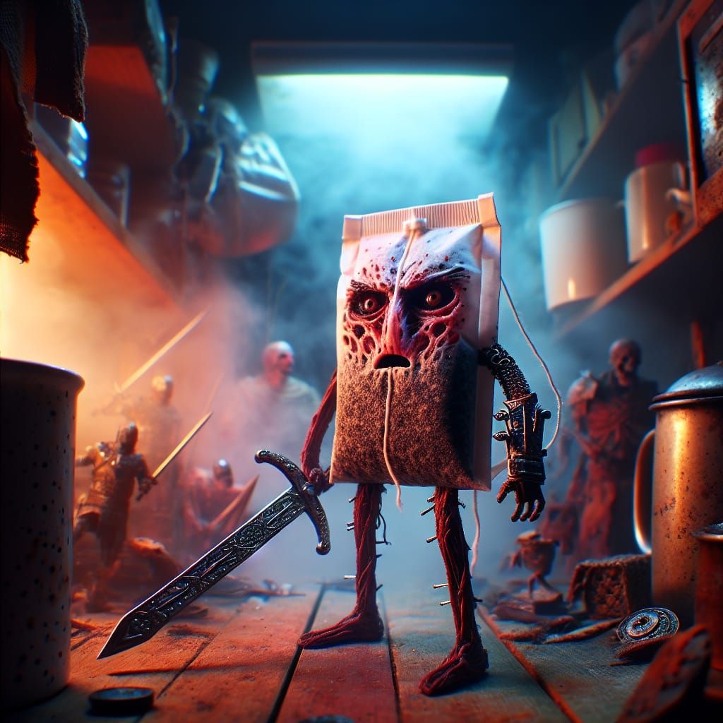 Teabag Warrior with Gothic Sword in Dystopian Setting