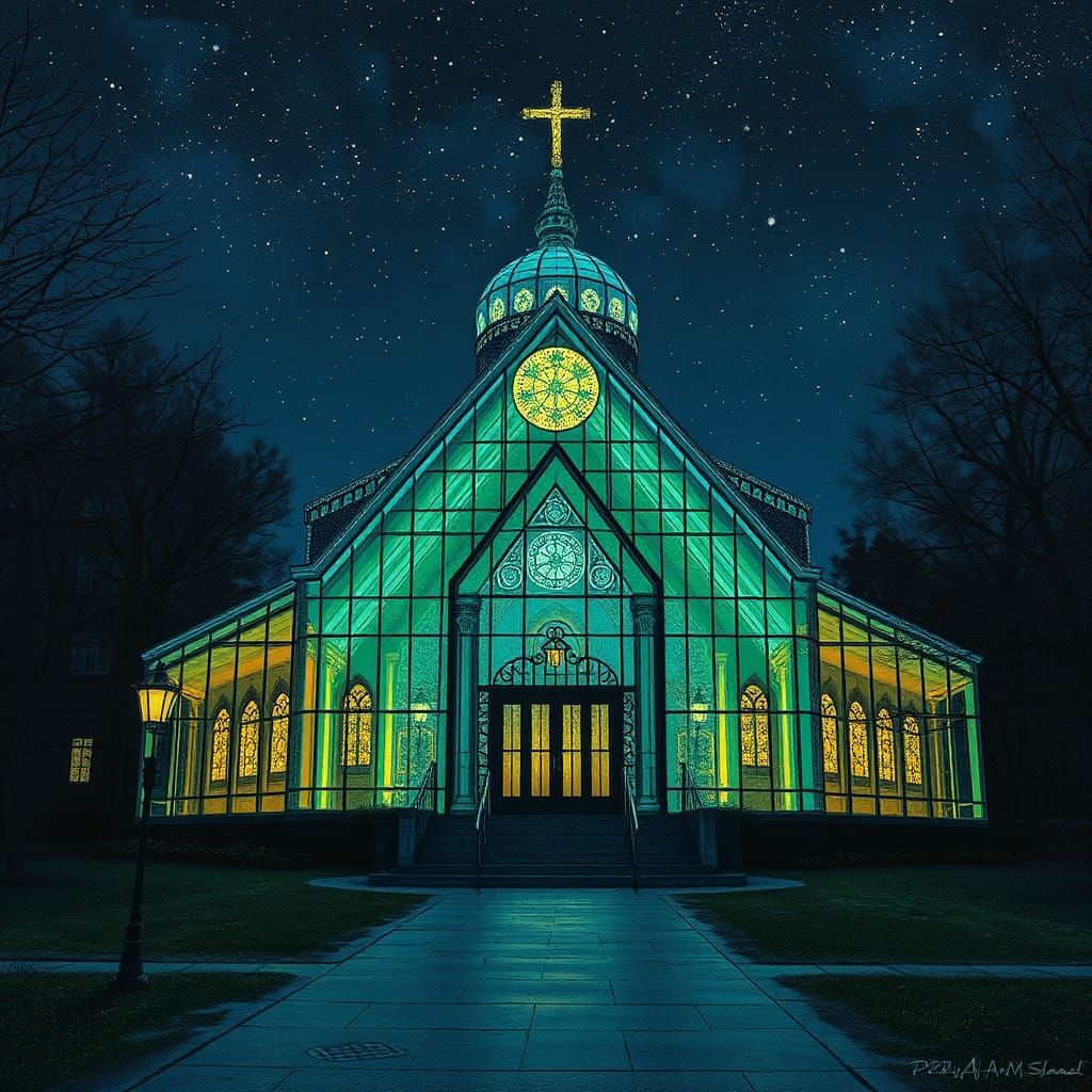 Glass Church at Midnight Mass in Mixed Styles