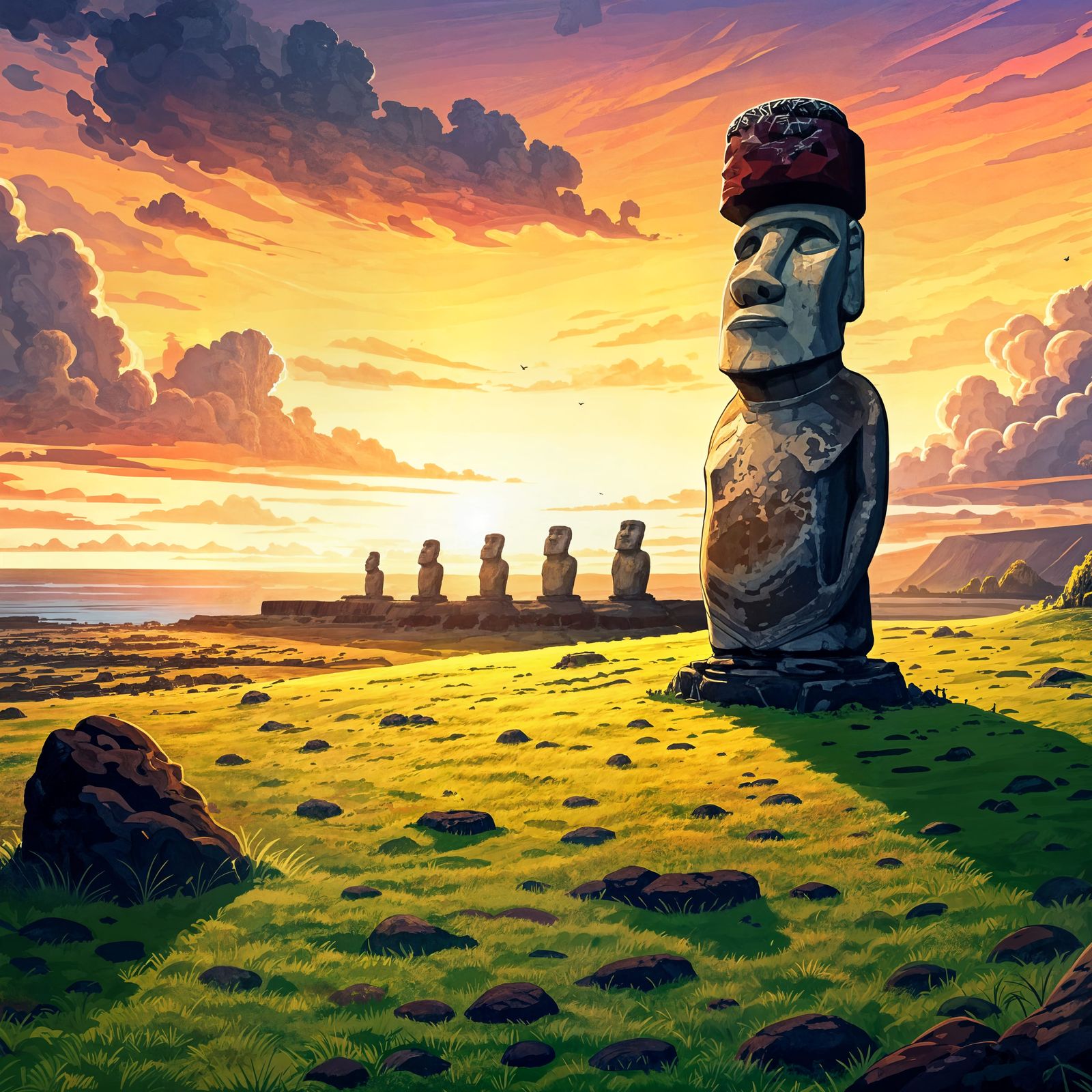 Moai Statues in Watercolor Illustration Style