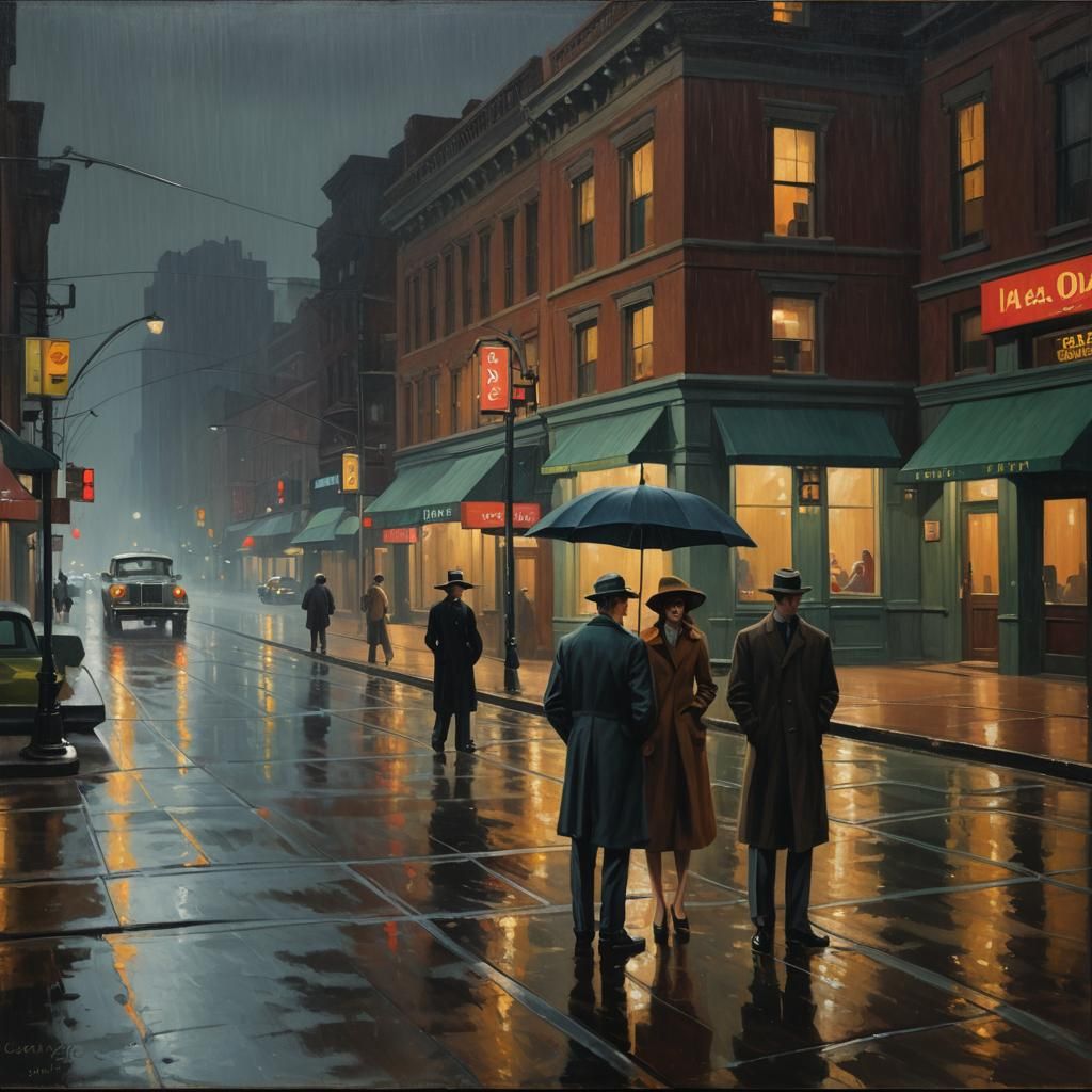 Rainy Night Street Corner in Hopper Style