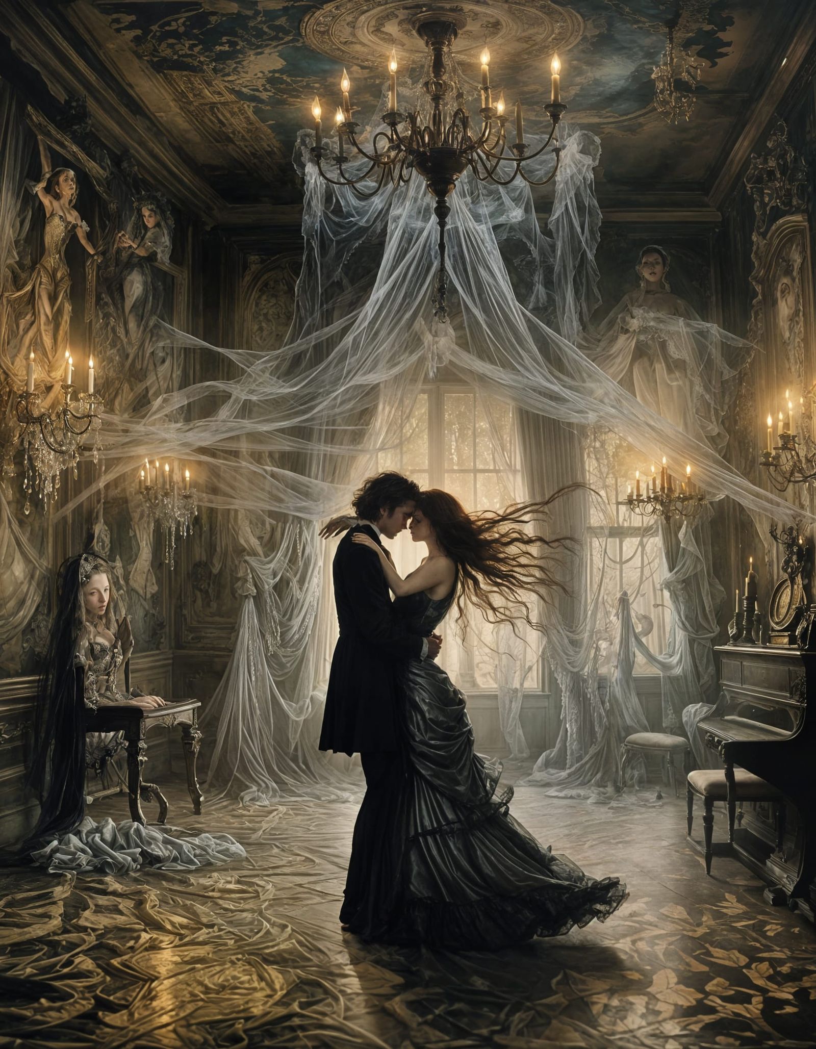 Spectral Lovers Dance in Moonlit Gothic Mansion