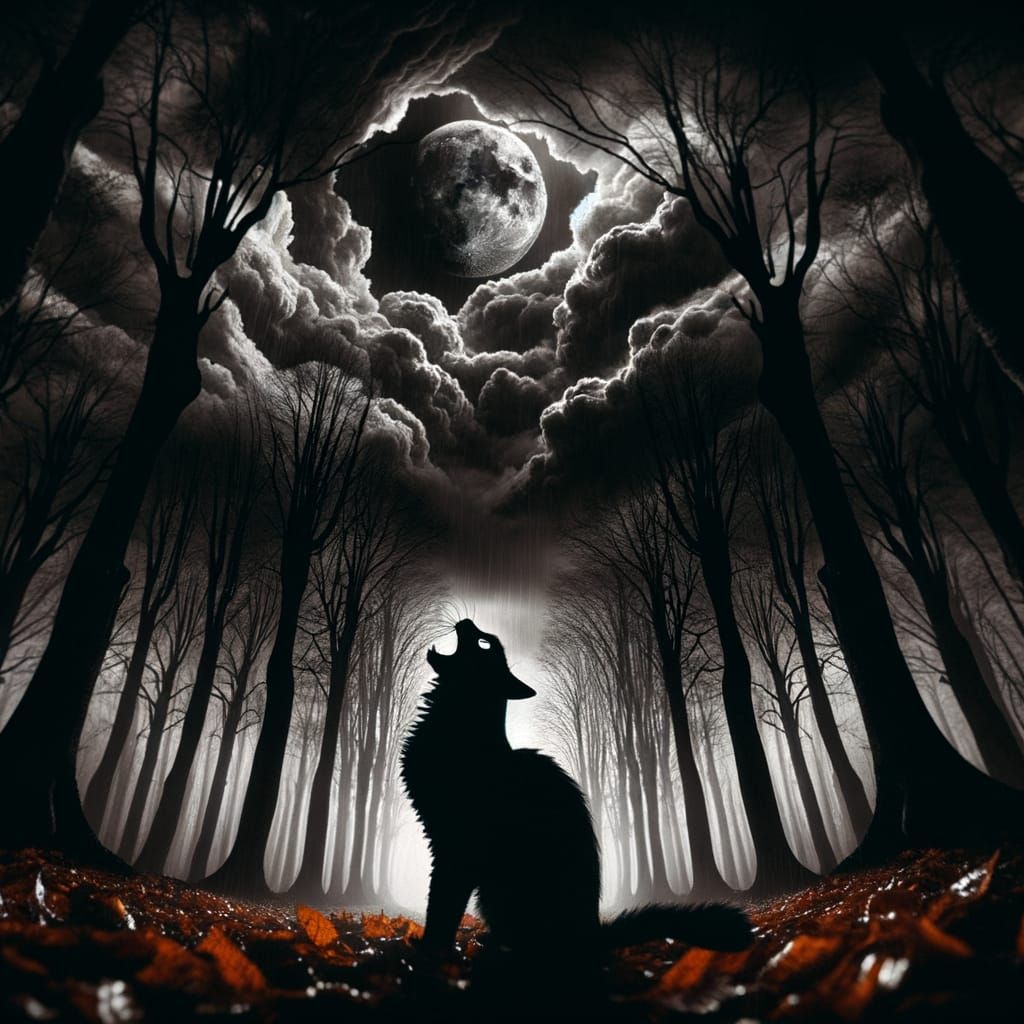 Stormy autumn night with dark scary silhouettes of trees. On...