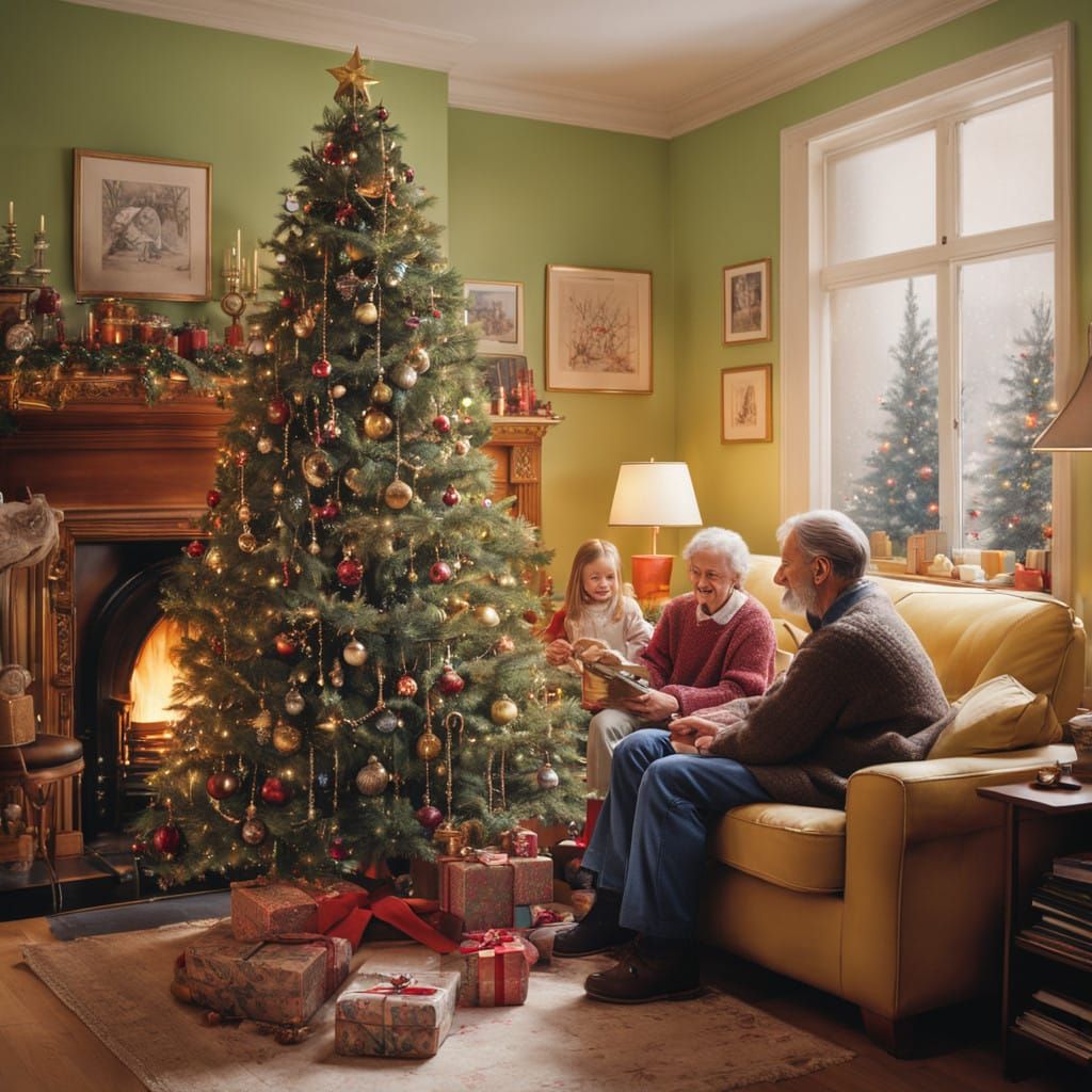 Vibrant Family Christmas Scene in Warm Living Room