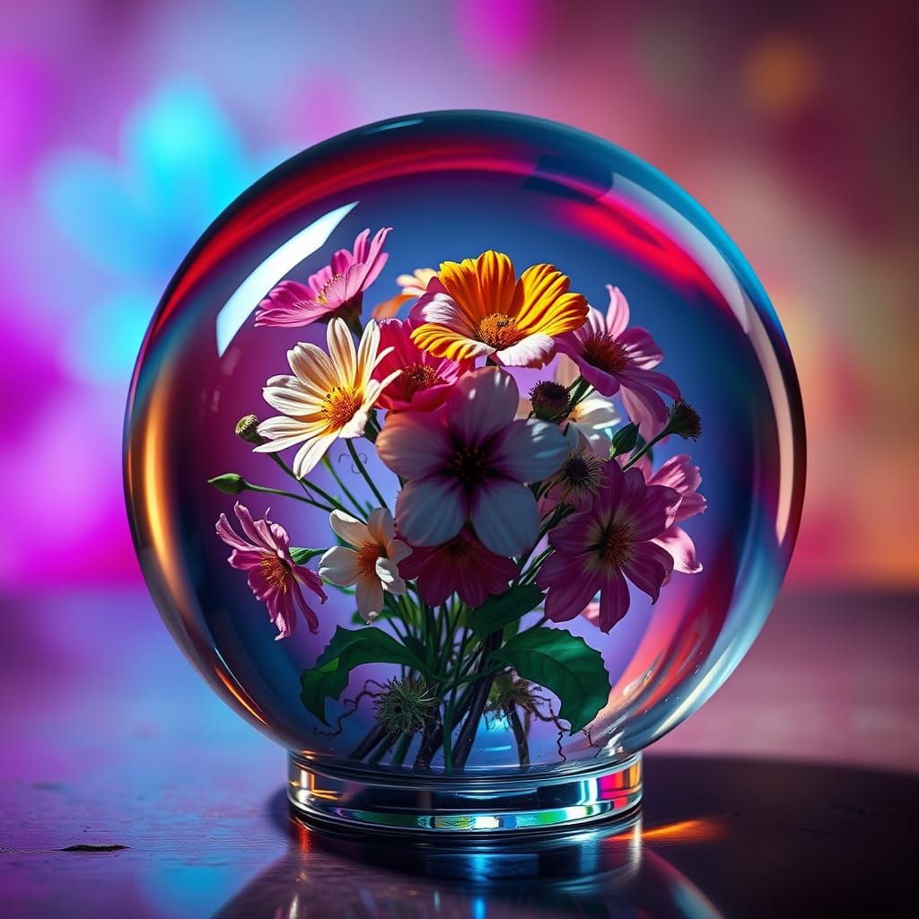 Surreal Crystal Orb Glows with Vibrant Blooms in Hyperrealis...