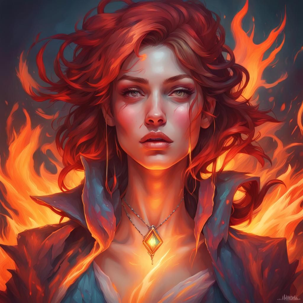 Fiery Portrait Concept Art by Rutkowski, Artgerm, and Mucha