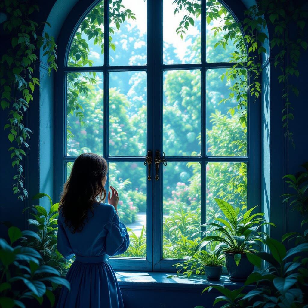 Person Gazes at Lush Garden Through Blue Glass Window