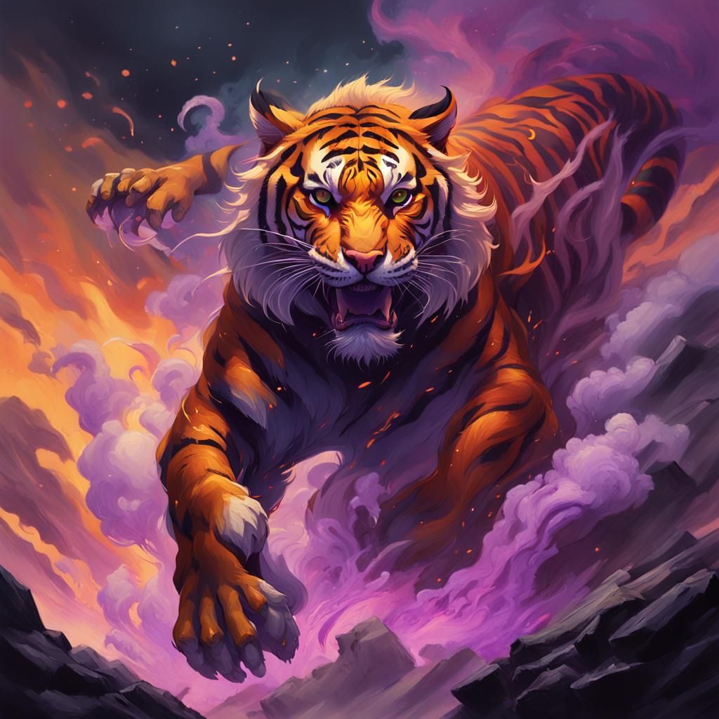 Tiger Leaping Through Smoky Fire in Dark Fantasy Style