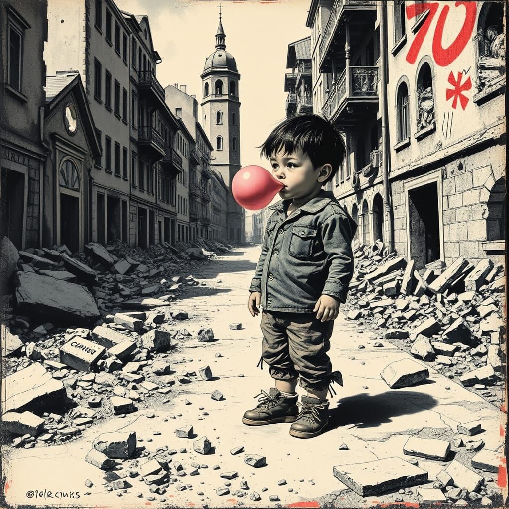 War-Torn Child Blows Bubblegum in Vibrant Lithographic Style