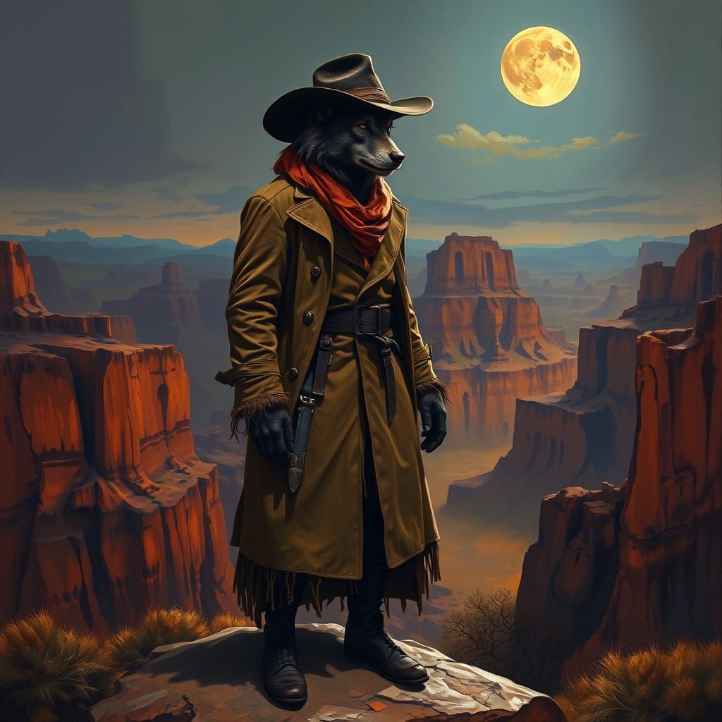 Werewolf Cowboy in a Moody, Moonlit Landscape