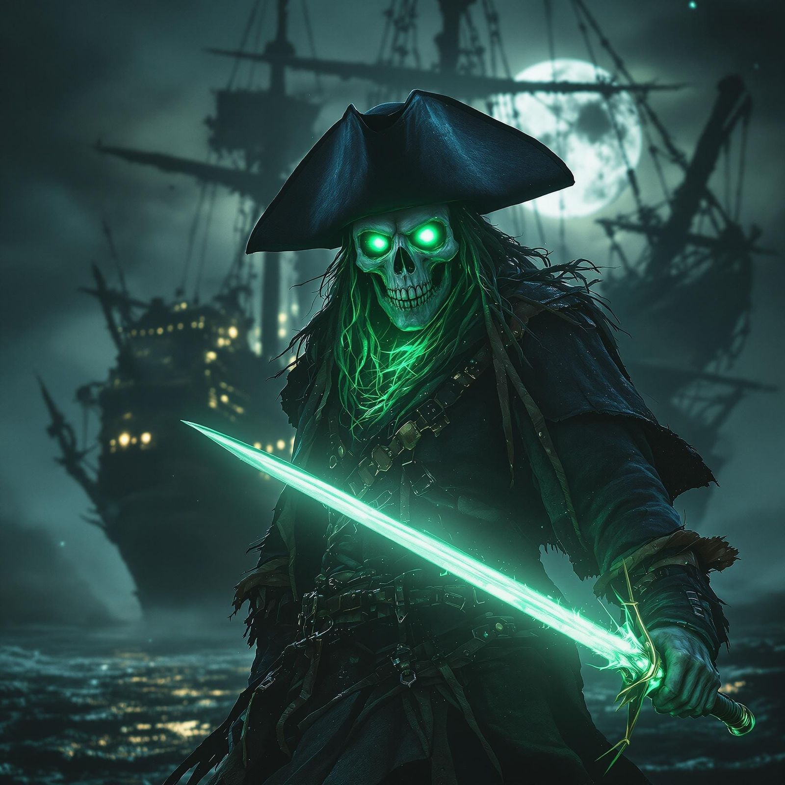 Ethereal Pirate Adrift in a Haunting Moonlit Scene