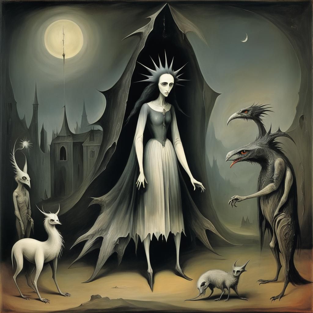 Grimdark Surreal Dreamscape in Leonora Carrington Style