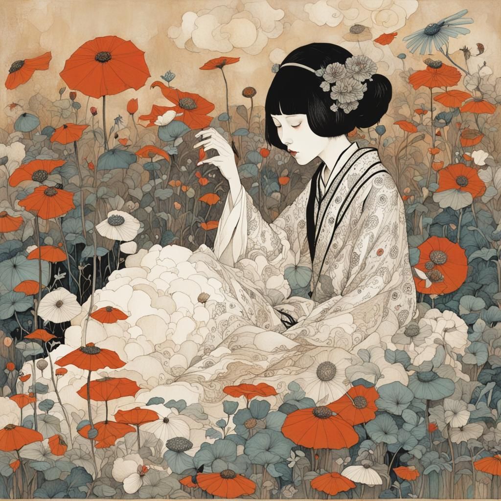 Elegant Fusion of Art Nouveau and Manga Illustration