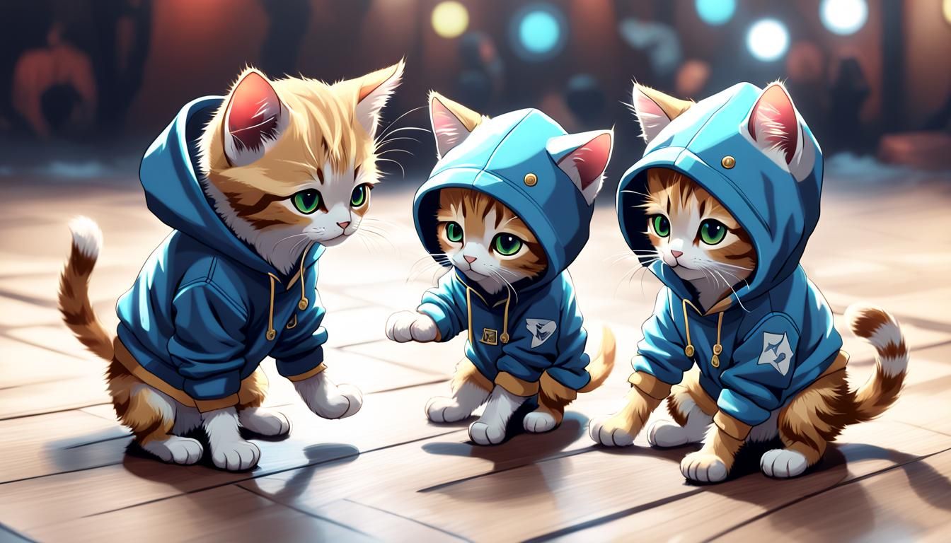 Kittens Breakdancing in Hoodies: 3D Anime Art