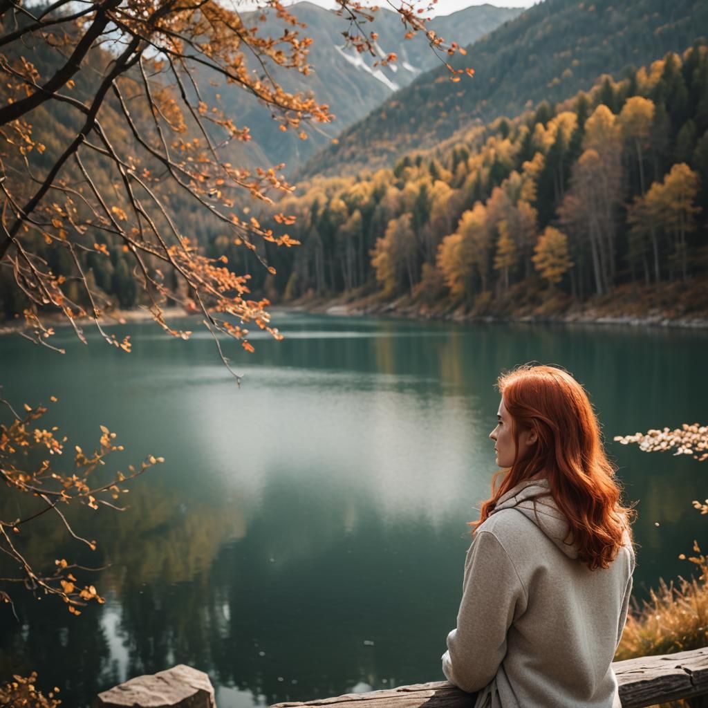 Red-Headed Girl Gazing at Lake: Professional Photography