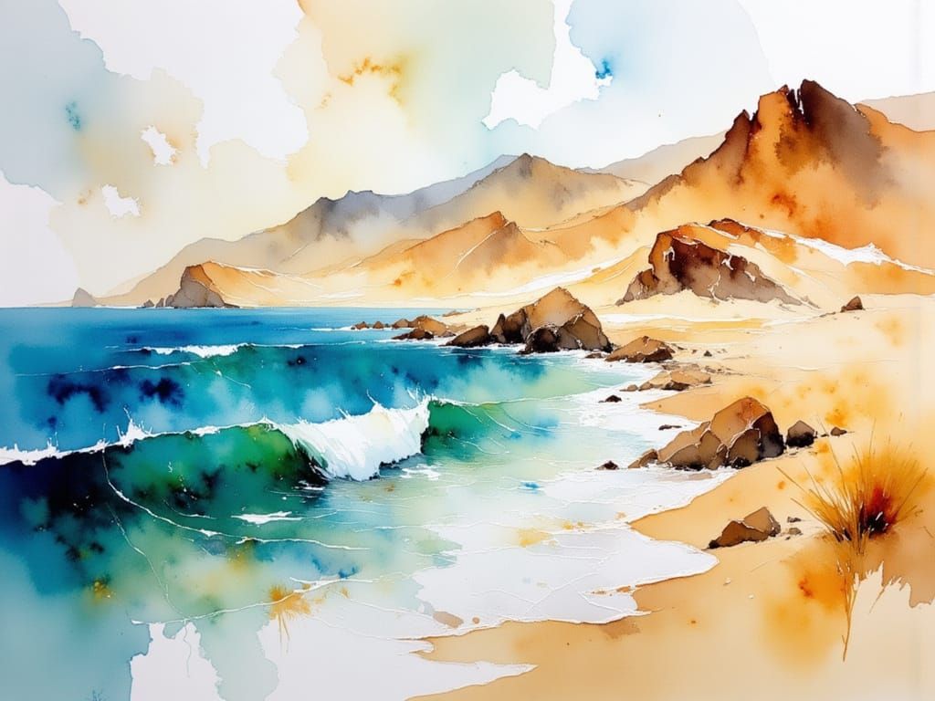 Ocean Meets Desert in Dynamic Watercolor and Ink Style