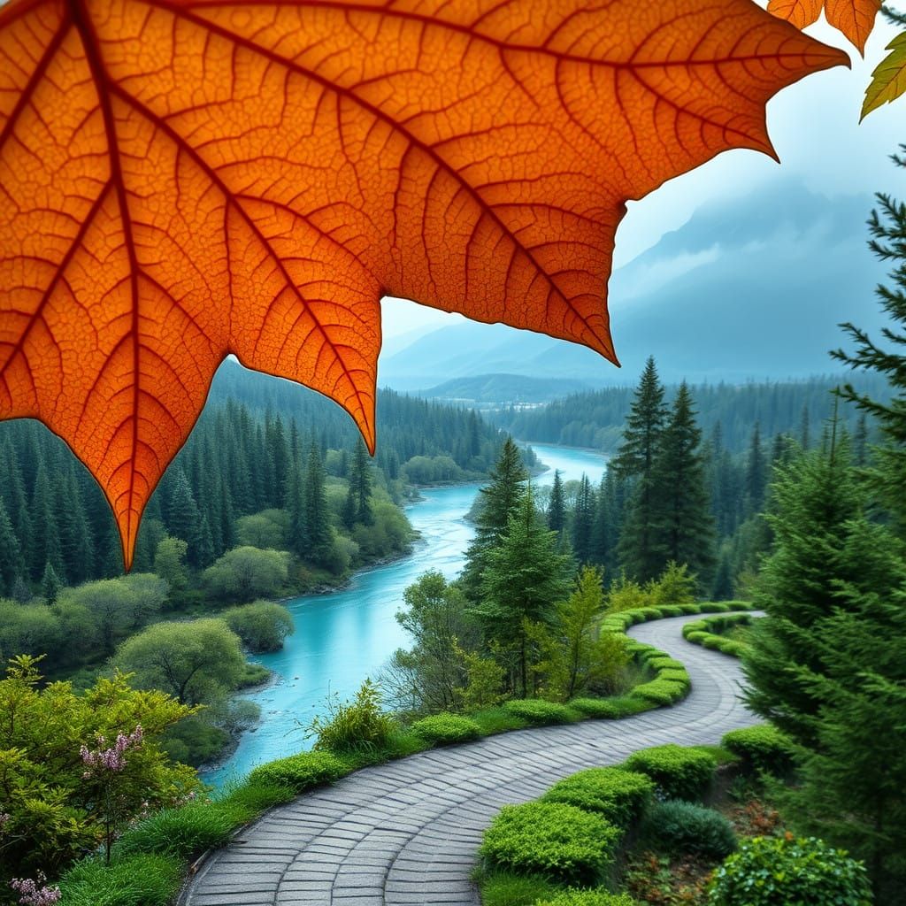 Vibrant Maple Leaf Frames Mystical Spring Forest Landscape