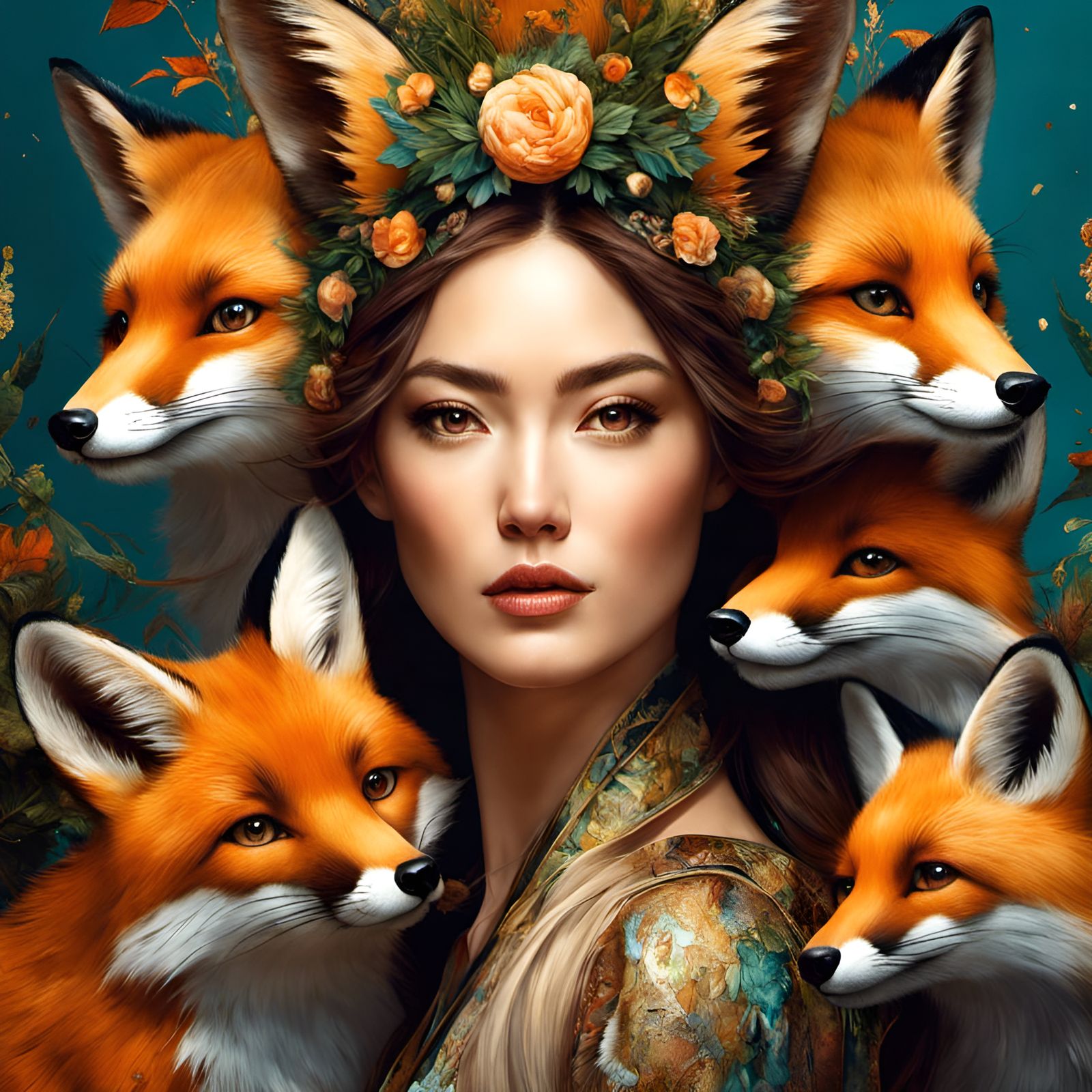 Portrait of Woman Surrounded by Foxes