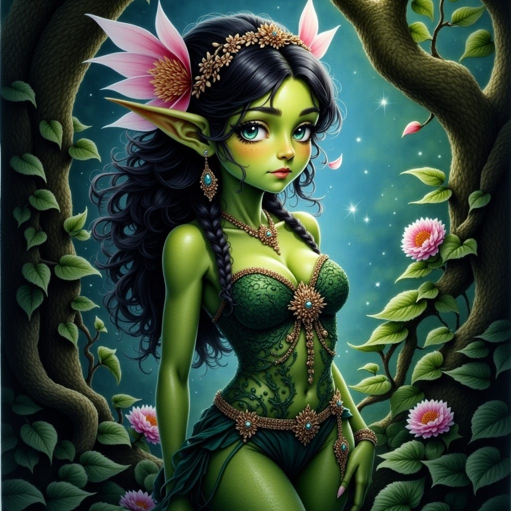 Whimsical Goblin in Moonlit Garden, Fantasy Art